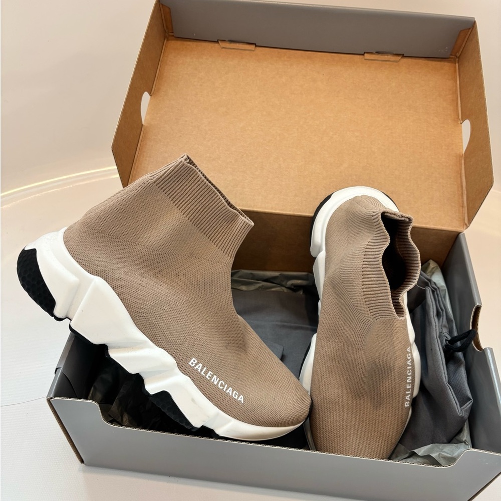Balenciaga Beige and Black Speed Sneakers